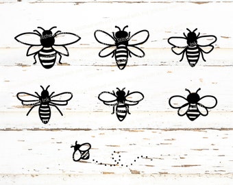 May include: A set of six black bee SVG cut files, with a smaller bee flying away, on a white wood background. The text "Stitched with Ink" is at the top of the image.