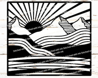 Archivo de corte láser de cordillera, SVG de cordillera, Arte mural de paisaje, Svg geométrico de escena de montaña, Archivo Glowforge, SVG minimalista