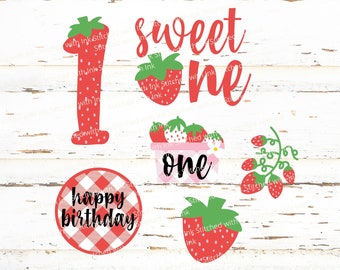 May include: A set of five digital cut files featuring a strawberry theme. The files include a number one, the words "sweet one", a basket with strawberries and the word "one", a strawberry vine with three strawberries, and a red and white checkered circle with the words "happy birthday".