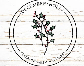 Holly PNG, December Birth month Flower Svg, Holly svg, birthflower Svg, botanical svg, holly clipart, holly berry svg, December birthday