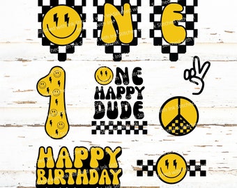 One happy dude, smiley face svg, happy face svg, one year old svg, birthday sign, lightning bolt svg, one happy dude shirt, checkered svg