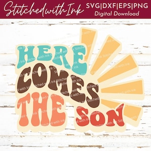 Aquí viene el hijo SVG, revelación de género svg, Baby shower Svg, baby shower de sol, Baby boy Svg, Son Svg, baby shower groovy, Retro Font, PNG