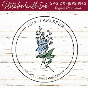 Fleur de mois de naissance de juillet, fleur de Larkspur, fleur de mois de naissance signifiant svg, svg de fleur de naissance, png de fleur bleue, impression de fleur de naissance, cricut
