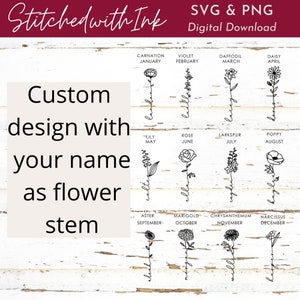 Birth month flower SVG, flower stem svg, Birth flower Svg, Flower name Svg, custom name svg, wildflower svg, Mothers day Svg, name sign svg