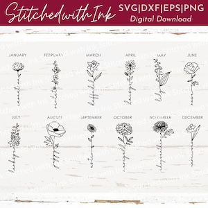 Flor do mês de nascimento SVG, SVG botânico, arte de linha de flores Svg, flor de nascimento svg, cravo, Svg minimalista, flor de papoula, flor de calêndula Svg