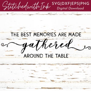 May include: Black text on a white wood background reads "The best memories are made gathered around the table".