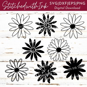 May include: Set of six black and white daisy flower illustrations with a distressed, textured look. The flowers are in various positions and sizes. The text "Stitched with Ink" is visible at the top of the image.