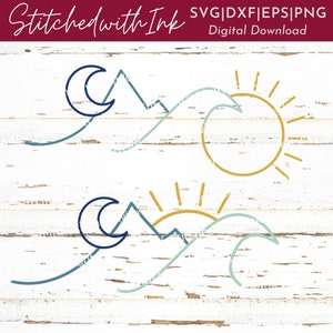 May include: Two illustrations of a mountain range with a wave and a sun or moon. The top illustration has a yellow sun and a blue moon. The bottom illustration has a yellow sun and a blue moon.