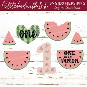 May include: Watermelon-themed first birthday party decorations. The set includes a heart-shaped watermelon with the word "one" inside, a number one with watermelon slices, a watermelon slice with the text "ONE in a melon", and two whole watermelon slices.