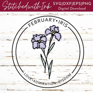 Février naissance mois fleur, fleur d’iris, fleur de mois de naissance signifiant svg, fleur de naissance svg, fleur violette png, imprimé de fleur de naissance, cricut