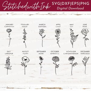 Fleur de mois de naissance SVG, svg botanique, art de la ligne de fleur Svg, svg de fleur de naissance, œillet, Svg minimaliste, fleur de pavot, Svg de fleur de souci