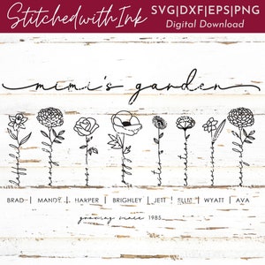 Mimis jardin SVG, Fleur du mois de naissance SVG, Mimi SVG, Panneau de jardin, Fête des mères SVG, Grand-mère SVG, Panneau de nom de famille, Panneau de jardin personnalisé, Dxf