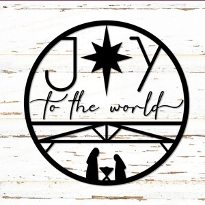 Alegría para el mundo SVG, colgador de puerta de Navidad svg, escena de la natividad svg, pesebre, letrero de Navidad, Jesús en el pesebre svg, cristiano png