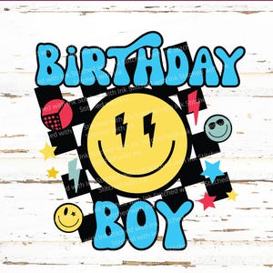 Geburtstagskind svg, Smiley Gesicht svg, glückliches Gesicht svg, Retro Geburtstag png, Geburtstagsschild, Blitz svg, kariert svg, Jungen-Geburtstags-Shirt