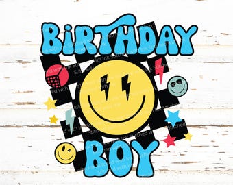 Birthday boy Svg, smiley face svg, happy face svg, Retro Birthday png, birthday sign, lightning bolt svg, checkered svg, Boys birthday shirt