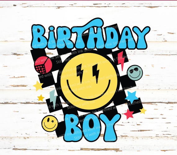Birthday boy Svg, smiley face svg, happy face svg, Retro Birthday png, birthday sign, lightning bolt svg, checkered svg, Boys birthday shirt