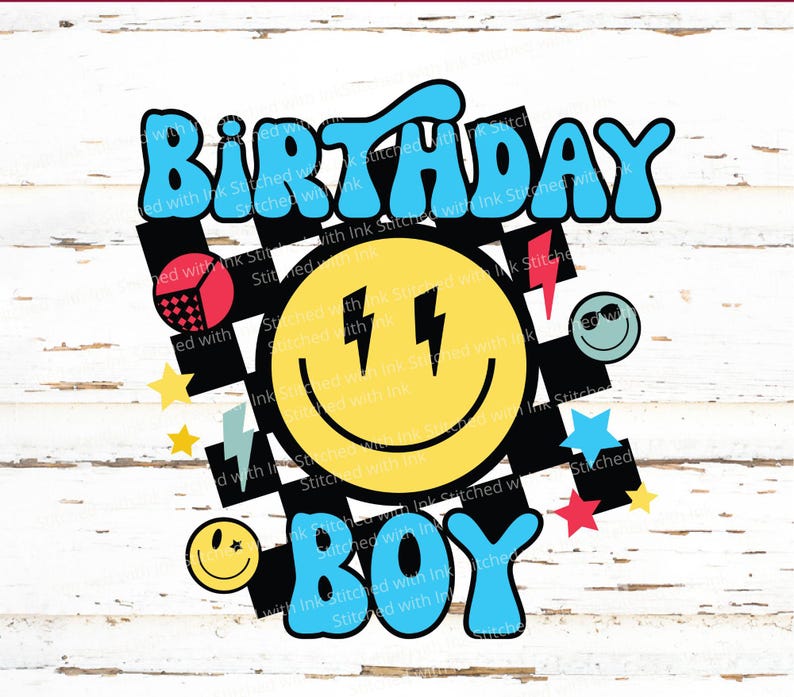 May include: A blue and yellow birthday graphic with the text "Birthday Boy" in a retro font. The graphic features a smiley face with lightning bolts, stars, and a checkered pattern.