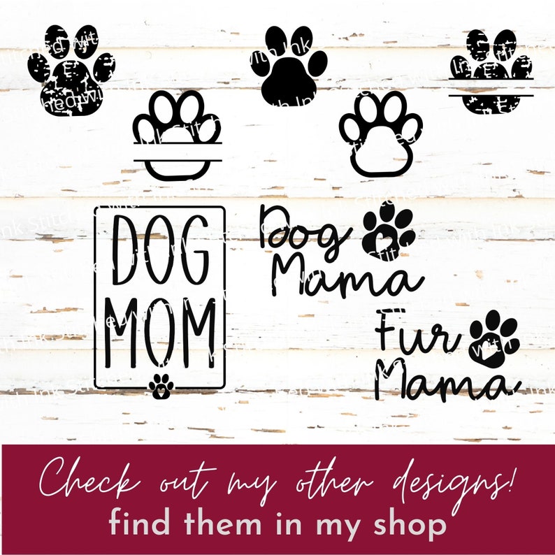 Op de afbeelding: Zwart-witte grafische ontwerpen met pootafdrukken en tekst die "DOG MOM", "Dog Mama" en "Fur Mama" zegt.