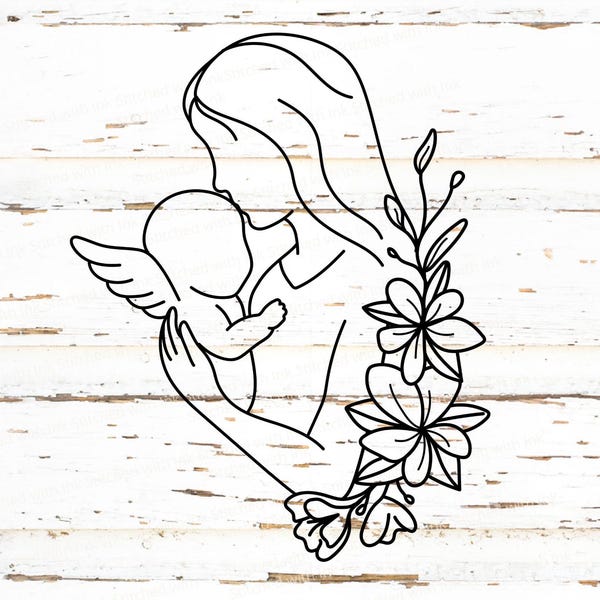 Baby Loss Memorial SVG Mother and Baby Line Art Angel Wings Pregnancy Loss Stillborn Infant Miscarriage PNG Cut File Sympathy Keepsake