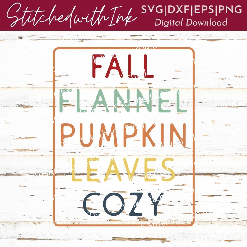 Puede incluir: Un fondo de madera blanca con un rect&aacute;ngulo rojo, verde, naranja y azul con el texto "FALL FLANNEL PUMPKIN LEAVES COZY" en una fuente de estilo vintage.