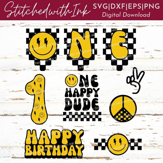 One happy dude, smiley face svg, happy face svg, one year old svg, birthday sign, lightning bolt svg, one happy dude shirt, checkered svg