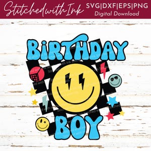 May include: A blue and yellow birthday design with the words "Birthday Boy" in a retro font. The design includes a smiley face with lightning bolts, a checkered pattern, stars, and a sunglasses emoji.