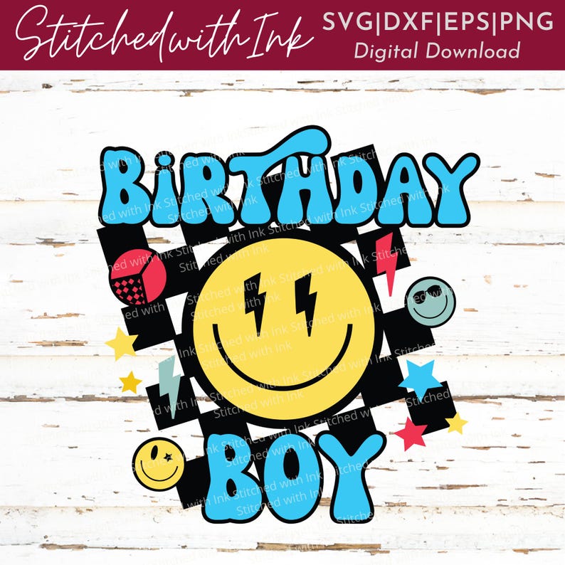 May include: A blue and yellow birthday design with the words "Birthday Boy" in a retro font. The design includes a smiley face with lightning bolts, a checkered pattern, stars, and a sunglasses emoji.