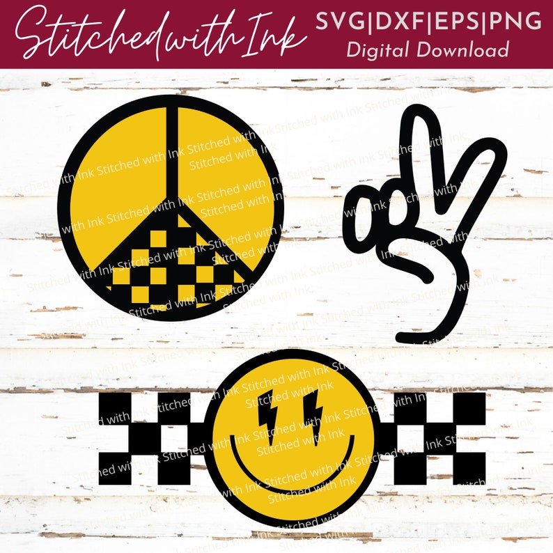 May include: A digital download of three black and yellow peace sign, smiley face, and peace sign hand gesture designs. The designs are on a white wood background. The text "Stitched with Ink" is at the top of the image. The text "SVG|DXF|EPS|PNG Digital Download" is below the designs.