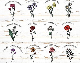 Birth Month Flower SVG Bundle, Botanical Line Art, Layered Floral SVG Cut File, Hand Drawn Flowers PNG, Cricut Silhouette, Custom tattoo