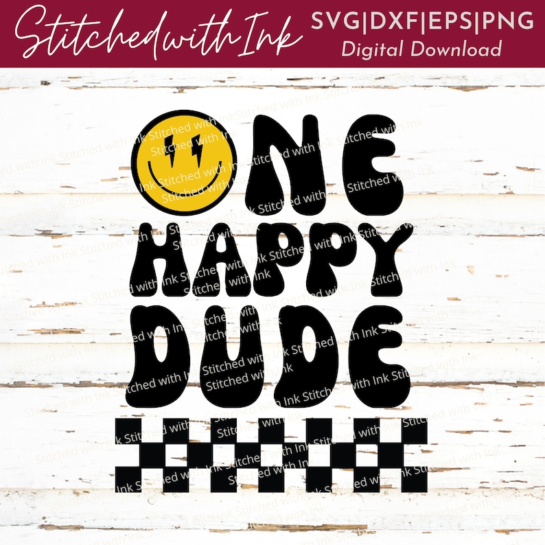 May include: Black and yellow graphic design with the text "ONE HAPPY DUDE" in a retro font. A smiley face with a lightning bolt is to the left of the text. A black and white checkered pattern is at the bottom of the design.