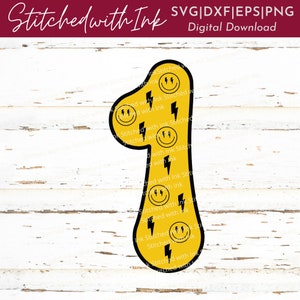 May include: A yellow number one with a black outline. The number is filled with a pattern of black lightning bolts and smiley faces.