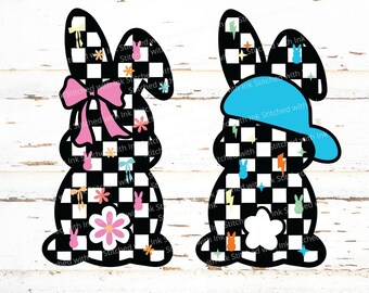 Checkered Bunny PNG Retro Coquette Spring Design Girls Easter Shirt Rabbit Clipart Bow Ears SVG Cut File Holiday Apparel Craft