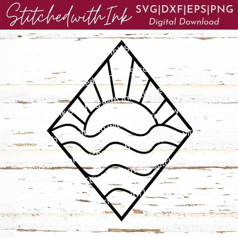 May include: Black and white line art illustration of a sun rising over wavy water, inside a diamond shape.