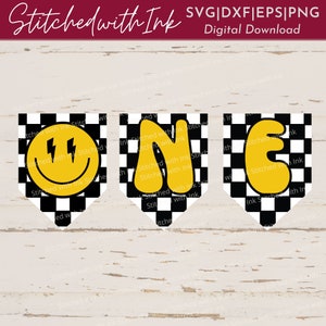May include: A digital download of a "One" banner with a checkered black and white background. The letters are yellow and have a retro, cartoon style. The "O" is a smiley face with lightning bolts for eyes.