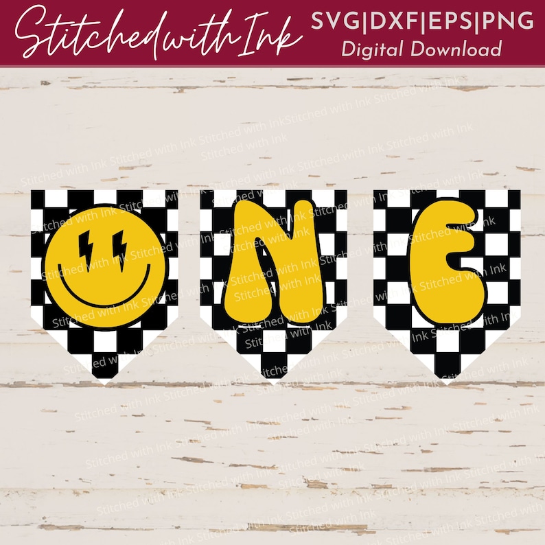 May include: A digital download of a "One" banner with a checkered black and white background. The letters are yellow and have a retro, cartoon style. The "O" is a smiley face with lightning bolts for eyes.