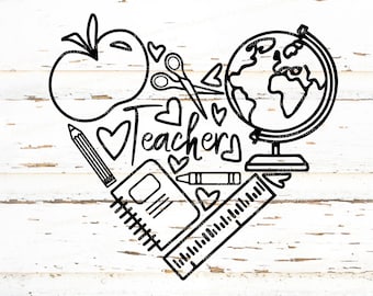 Teacher Heart SVG, Teaching Collage PNG, School Supplies Heart Cut File, Teacher Cricut Design, Classroom SVG, Teacher Clipart, Teacher gift