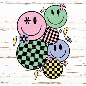 Smiley face svg, Retro smiley face tshirt, Lightning bolt, Groovy flower, smiley sublimation, checkered smiley png, daisy smiley, happy face