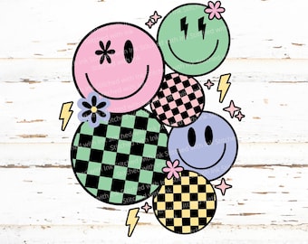 Smiley face svg, Retro smiley face tshirt, Lightning bolt, Groovy flower, smiley sublimation, checkered smiley png, daisy smiley, happy face