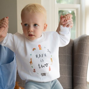 May include: A white toddler sweatshirt with a colourful graphic of animals and the text "Rafe is two".