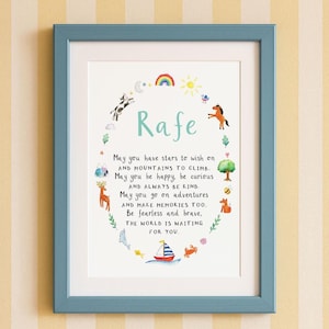 Väggkonsttryck med texten "Önska ett barn" - A4 oramat dop, barnrum, positiv bekräftelse, tryck