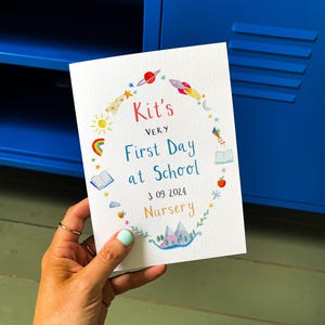 Pode incluir: Um cartão colorido com um círculo de ilustrações em torno do texto "Kit's Very First Day at School 3.09.2024 Nursery".