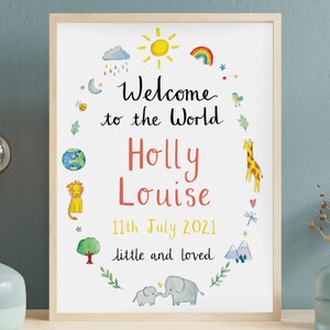 Może przedstawiać: Aquarela przedstawiająca tabliczkę powitalną dla dziewczynki o imieniu Holly Louise. Tabliczka zawiera wieniec z liści, kwiatów i zwierząt, w tym lwa, żyrafy, słonia i pszczoły. Tekst brzmi: "Witamy na świecie Holly Louise 11 lipca 2021 mała i kochana".