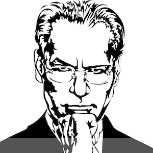 Puede incluir: Ilustración en blanco y negro de un hombre con traje y una expresión seria. Se está tocando la barbilla con la mano y mirando directamente al espectador. El texto "MAKE IT WORK" está debajo de la imagen.