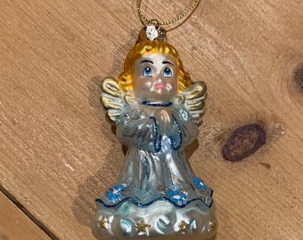 Blown Glass blue angel Christmas Ornament
