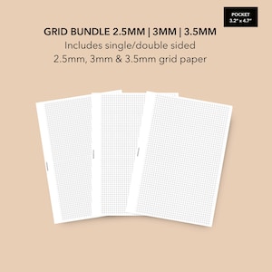 May include: A set of three grid paper notebooks, each with a different grid size: 2.5mm, 3mm, and 3.5mm. The notebooks are all white and have a black grid pattern. The text "GRID BUNDLE 2.5MM | 3MM | 3.5MM" is printed on the top of the image. The text "Includes single/double sided" is printed below the grid bundle text. The text "2.5mm, 3mm & 3.5mm grid paper" is printed below the single/double sided text. The text "POCKET 3.2" x 4.7" is printed in the top right corner of the image.