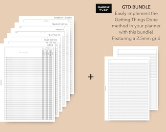 May include: A printable planner bundle featuring a 2.5mm grid. The bundle includes pages for "Someday/Maybe", "Project Detail", "Project", "Waiting On", "Next Action", and "Inbox".