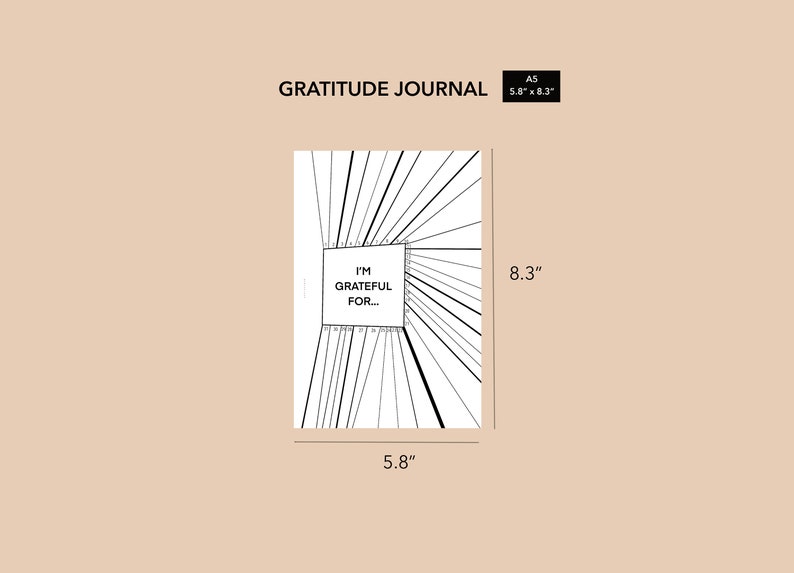 May include: A black and white gratitude journal with the text "I'm Grateful For..." in a box on the front cover. The journal is 5.8 inches by 8.3 inches.