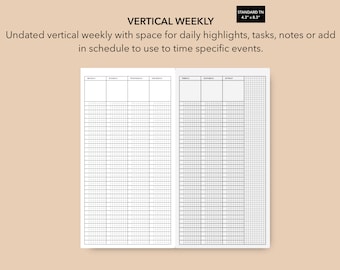 Puede incluir: Un planificador semanal vertical en blanco y negro con un diseño de cuadrícula. El planificador no está fechado y tiene espacio para los aspectos más destacados diarios, tareas, notas y eventos. El planificador mide 11 cm por 21 cm.