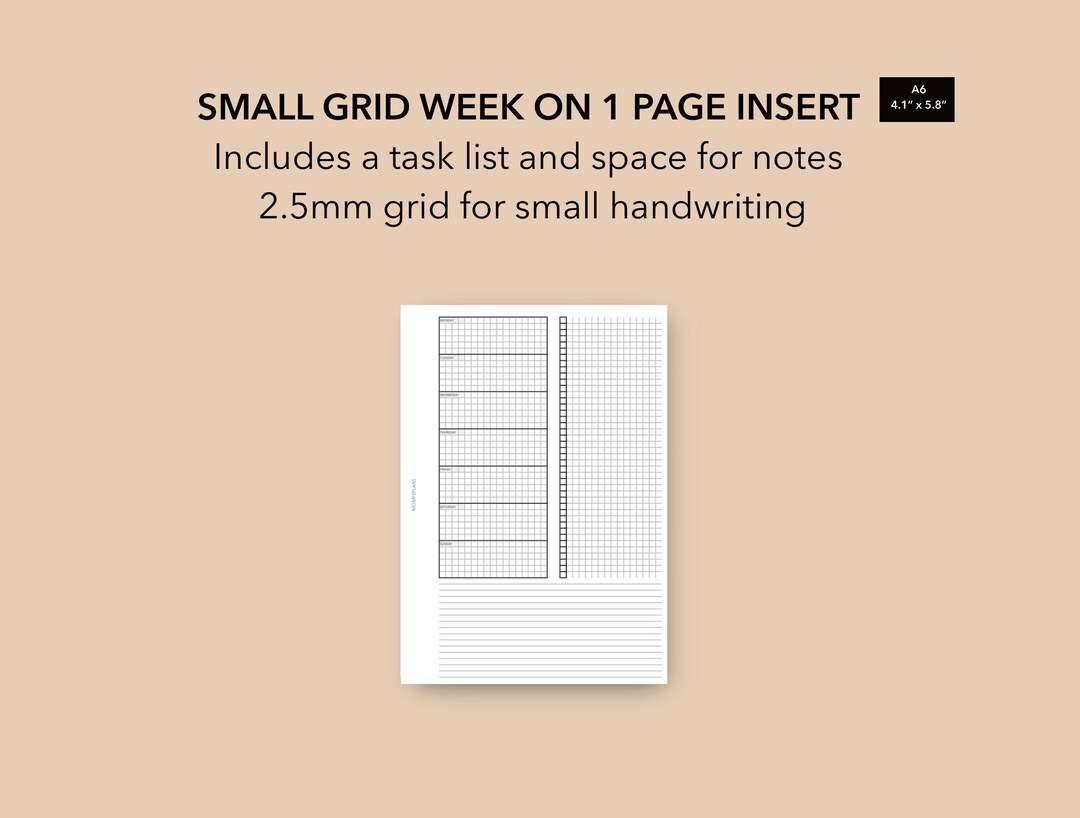 A6 Week on 1 Page Insert Small Grid WO1P Insert, Week on 1 Page Insert ...