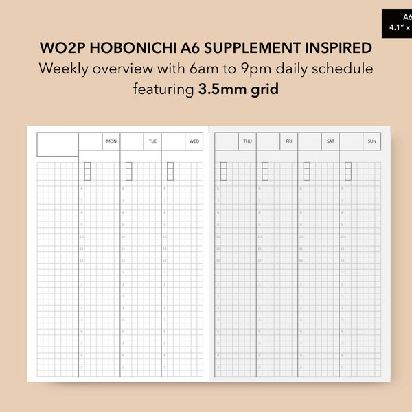 A6 Hobonichi Inspired Weekly Supplement Weekly 3.5mm Grid, Weekly Planner Pages, Week on 2 Pages Insert, Printable Insert PDF